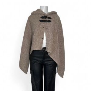 Cozy Tan Hooded Poncho with Black Accents